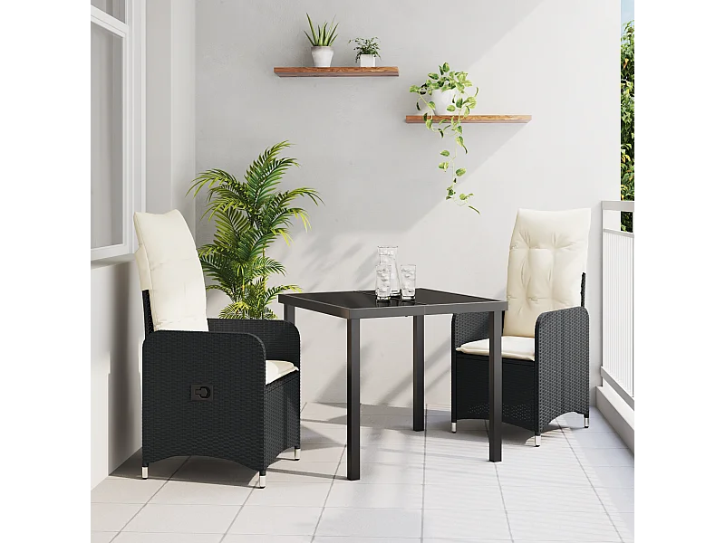 Set de Salle à Manger de Jardin 3 Pièces avec Coussins Noirs en Poly Rattan