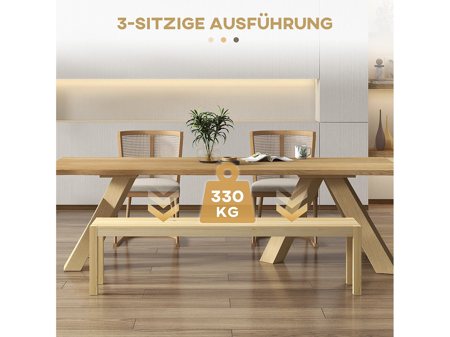 3-Sitzer Küchenbank, Kiefernholz, natur (175x33x45 cm)