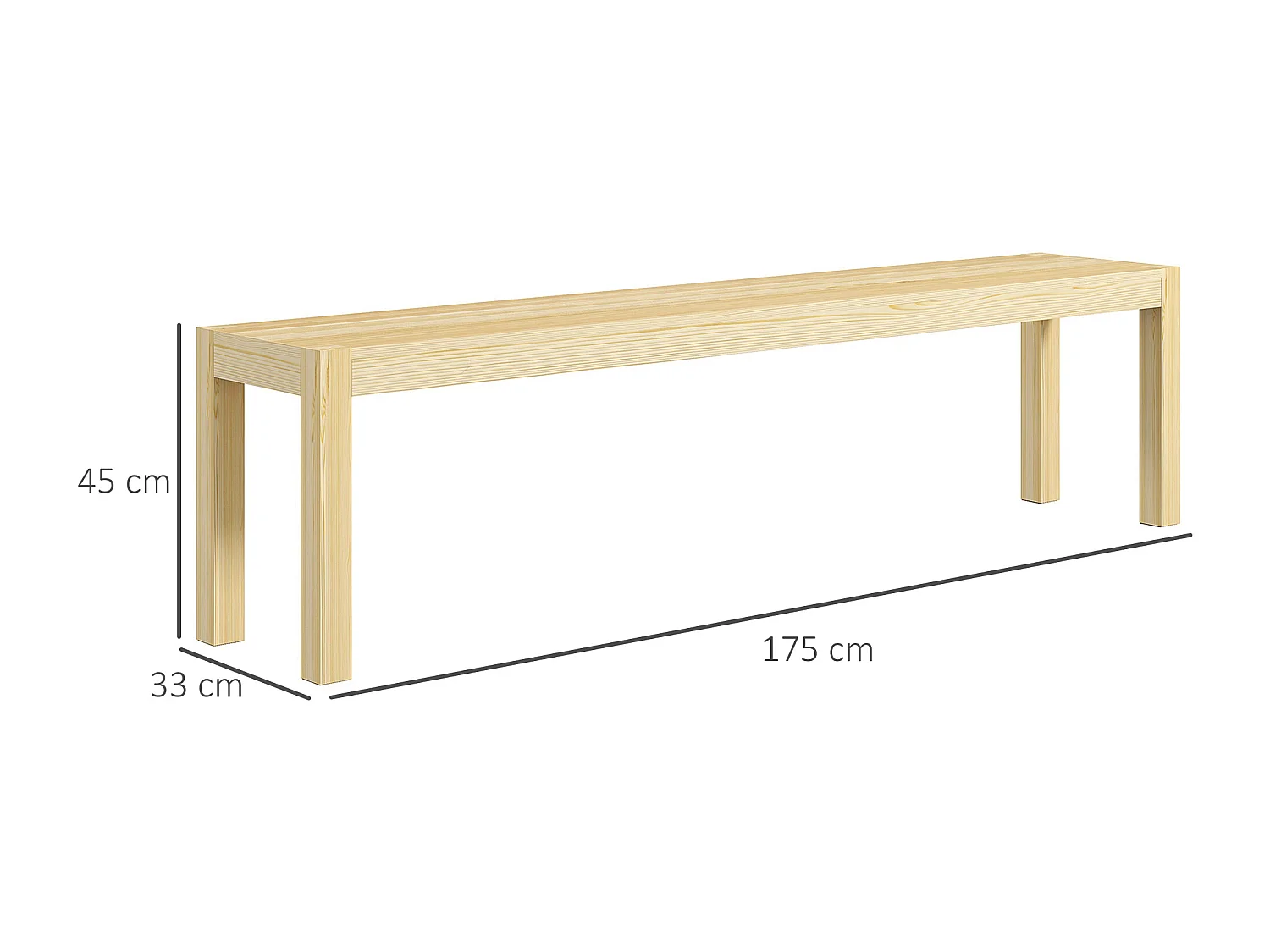 Banc de cuisine 3 places, bois de pin, naturel (175x33x45 cm)