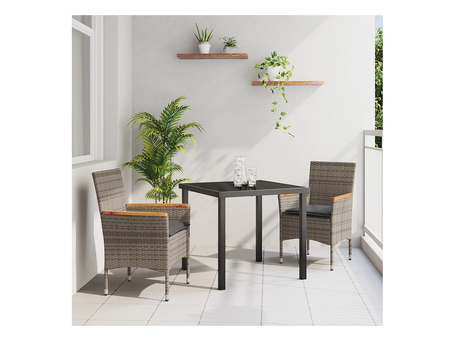 Set da pranzo da giardino 3 pezzi con cuscini in rattan grigio