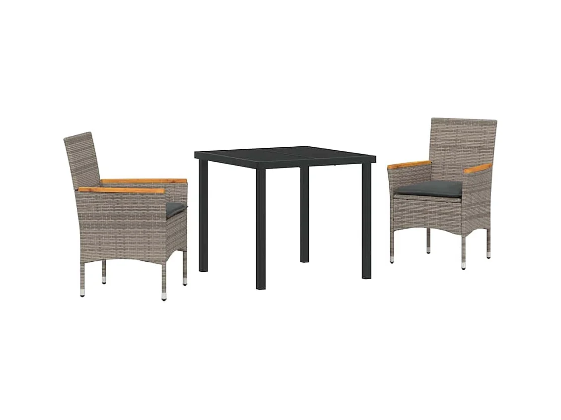 Set da pranzo da giardino 3 pezzi con cuscini in rattan grigio