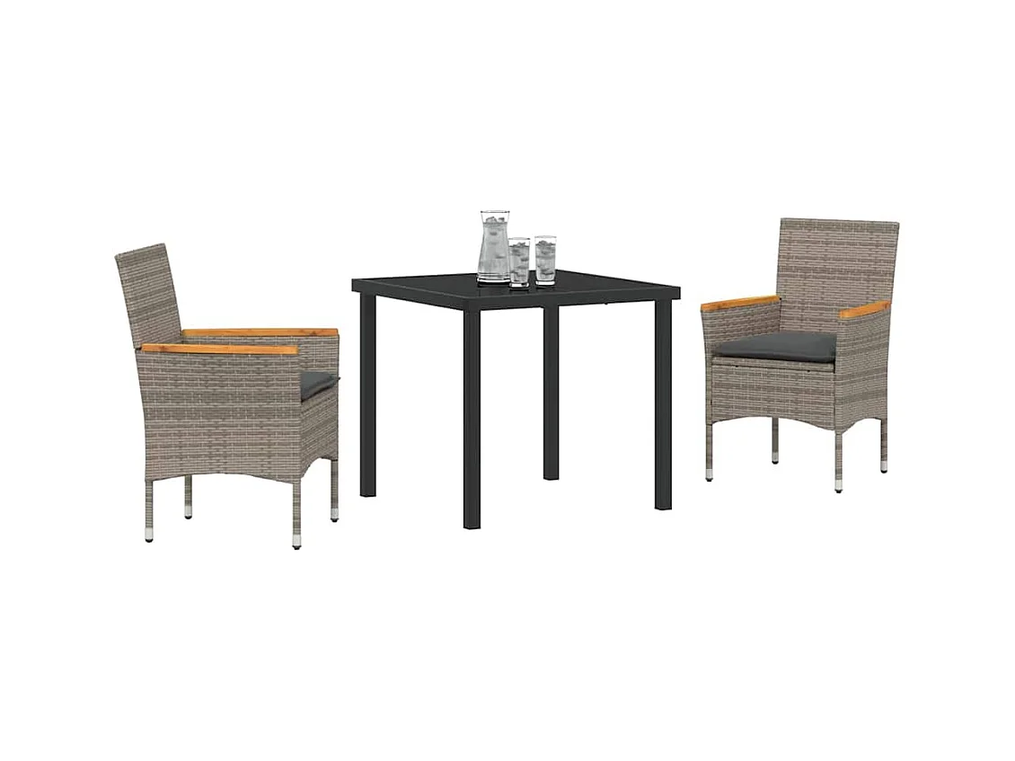 Set da pranzo da giardino 3 pezzi con cuscini in rattan grigio