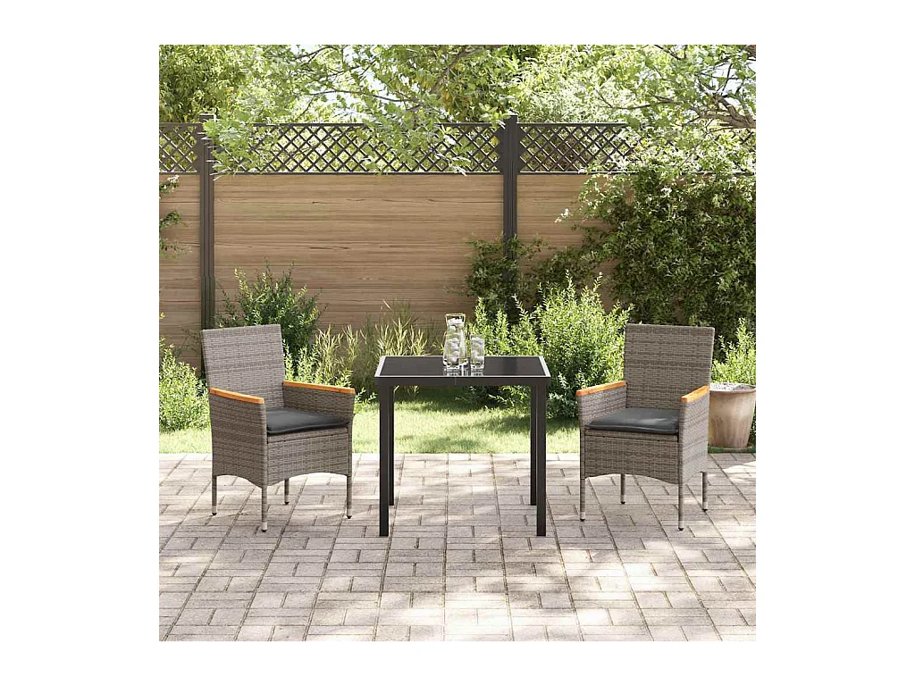 Set da pranzo da giardino 3 pezzi con cuscini in rattan grigio