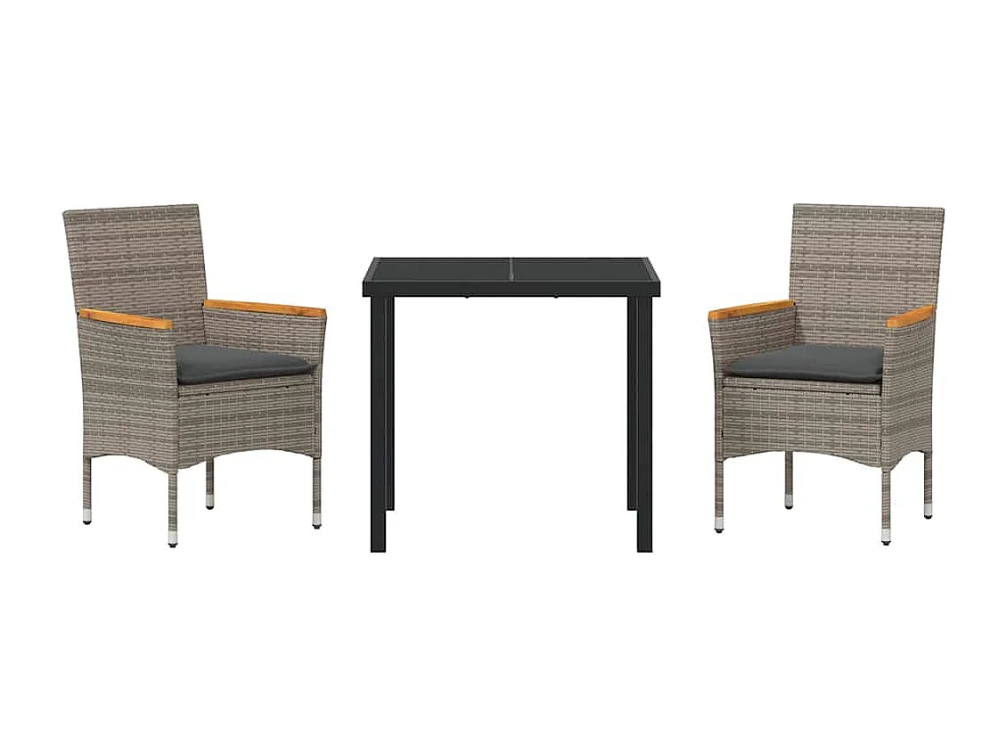 Set da pranzo da giardino 3 pezzi con cuscini in rattan grigio