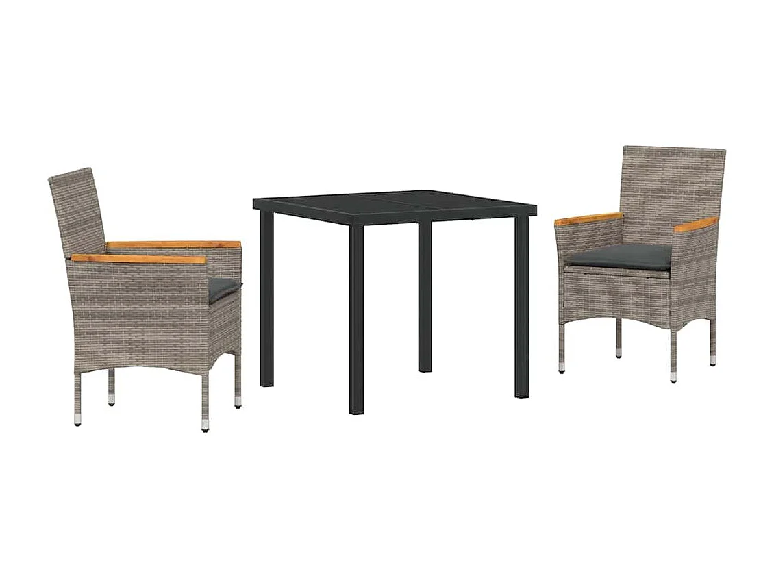 Set da pranzo da giardino 3 pezzi con cuscini in rattan grigio