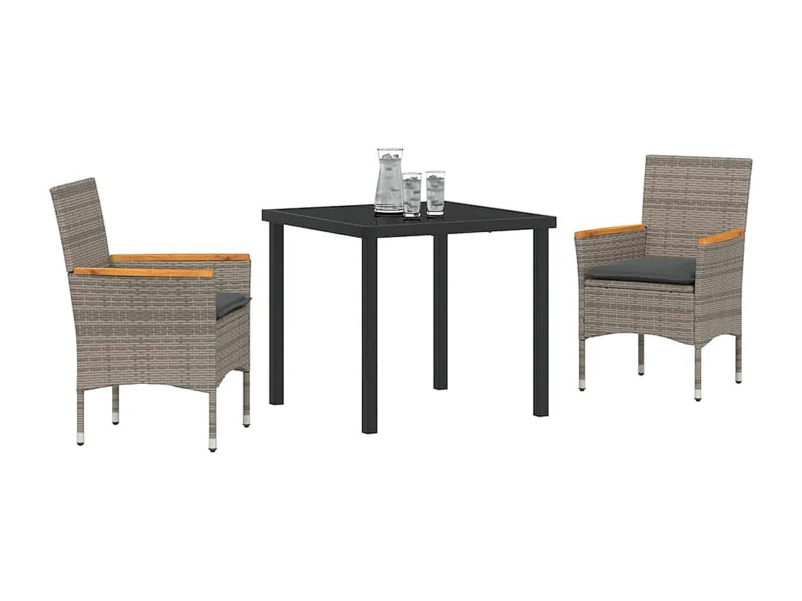 Set da pranzo da giardino 3 pezzi con cuscini in rattan grigio