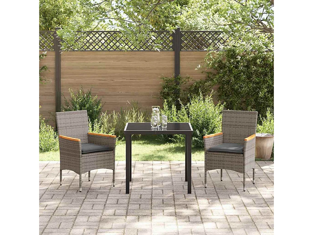 Set da pranzo da giardino 3 pezzi con cuscini in rattan grigio
