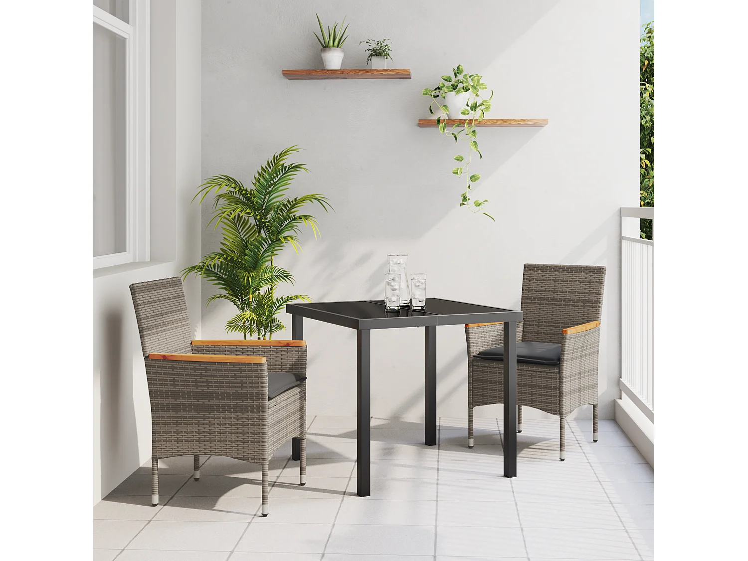 Ensemble de salle à manger de jardin 3 pièces avec coussins en rotin gris