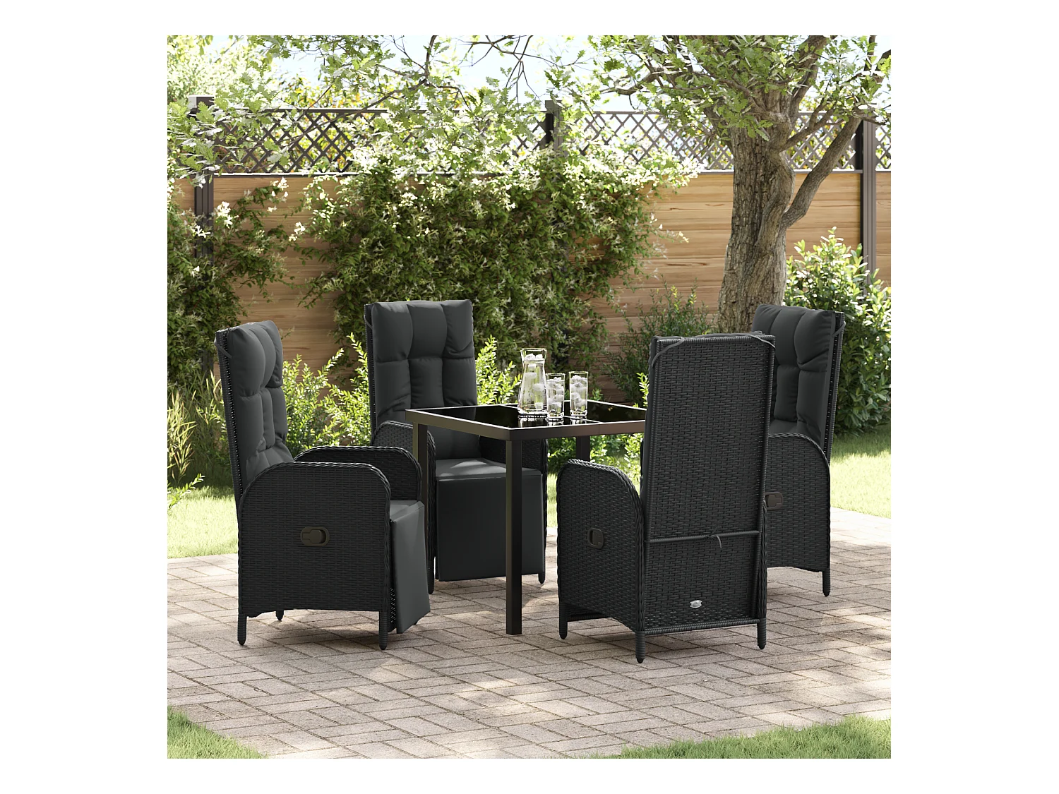 Set da pranzo da giardino 5 pezzi con cuscini in polyrattan nero