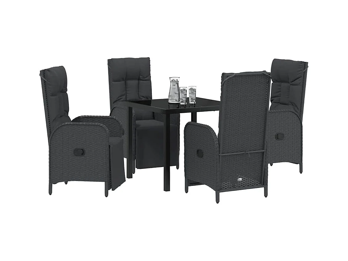 Set da pranzo da giardino 5 pezzi con cuscini in polyrattan nero