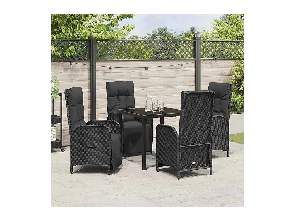 Set da pranzo da giardino 5 pezzi con cuscini in polyrattan nero