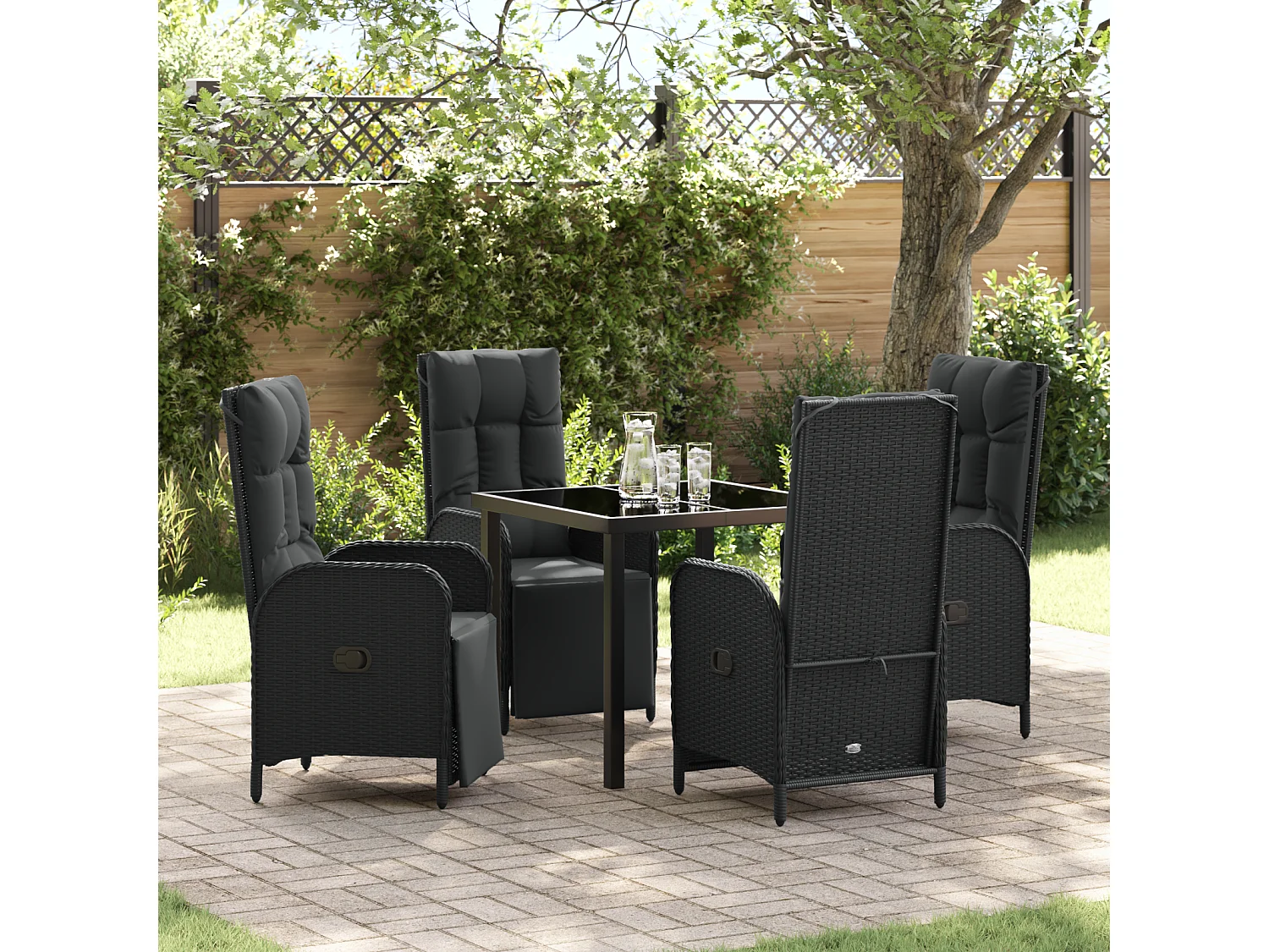 5-teiliges Garten-Ess-Set mit Kissen, schwarzes Polyrattan