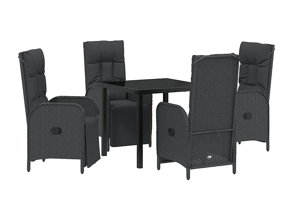 5-teiliges Garten-Ess-Set mit Kissen, schwarzes Polyrattan