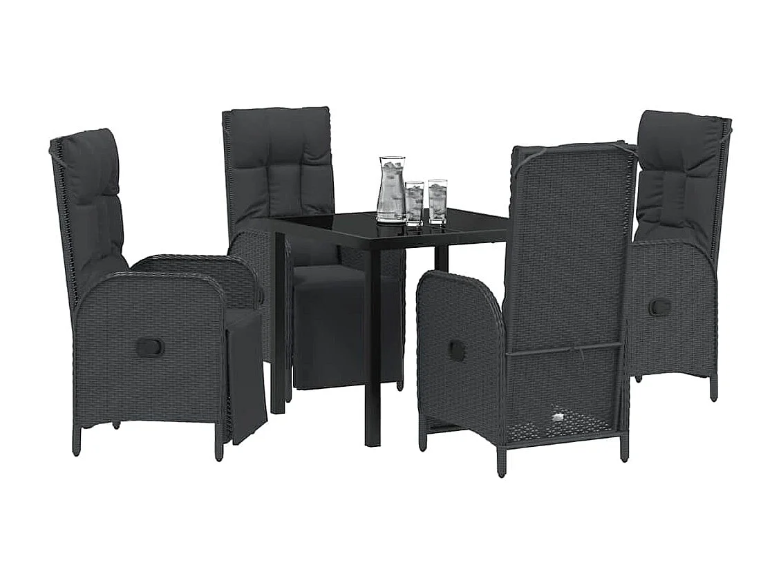 5-teiliges Garten-Ess-Set mit Kissen, schwarzes Polyrattan