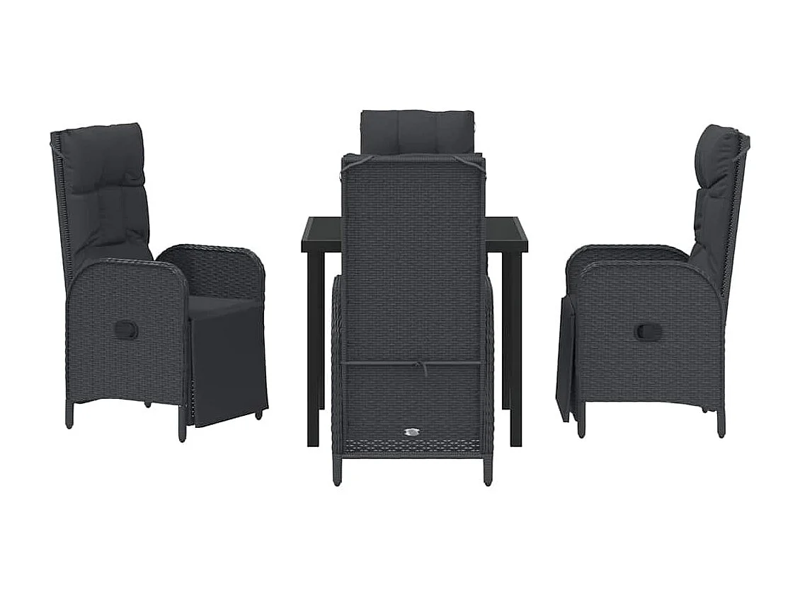 5-teiliges Garten-Ess-Set mit Kissen, schwarzes Polyrattan