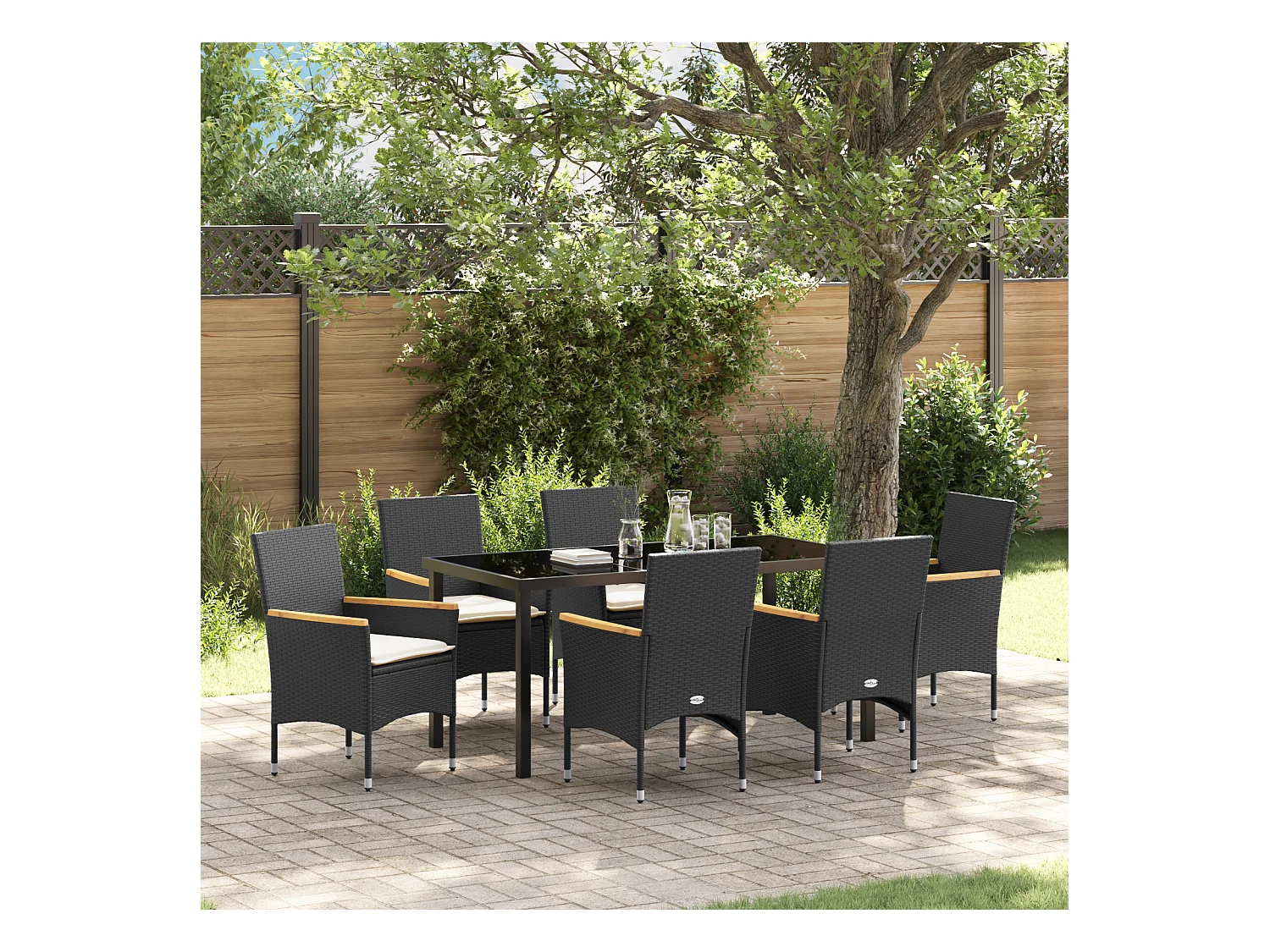 7-delige tuinset met zwarte polyrotan kussens