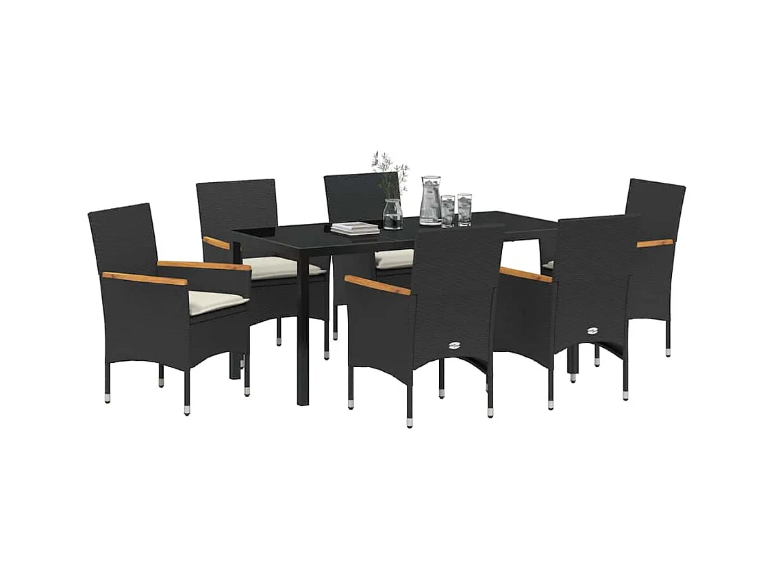 7-delige tuinset met zwarte polyrotan kussens