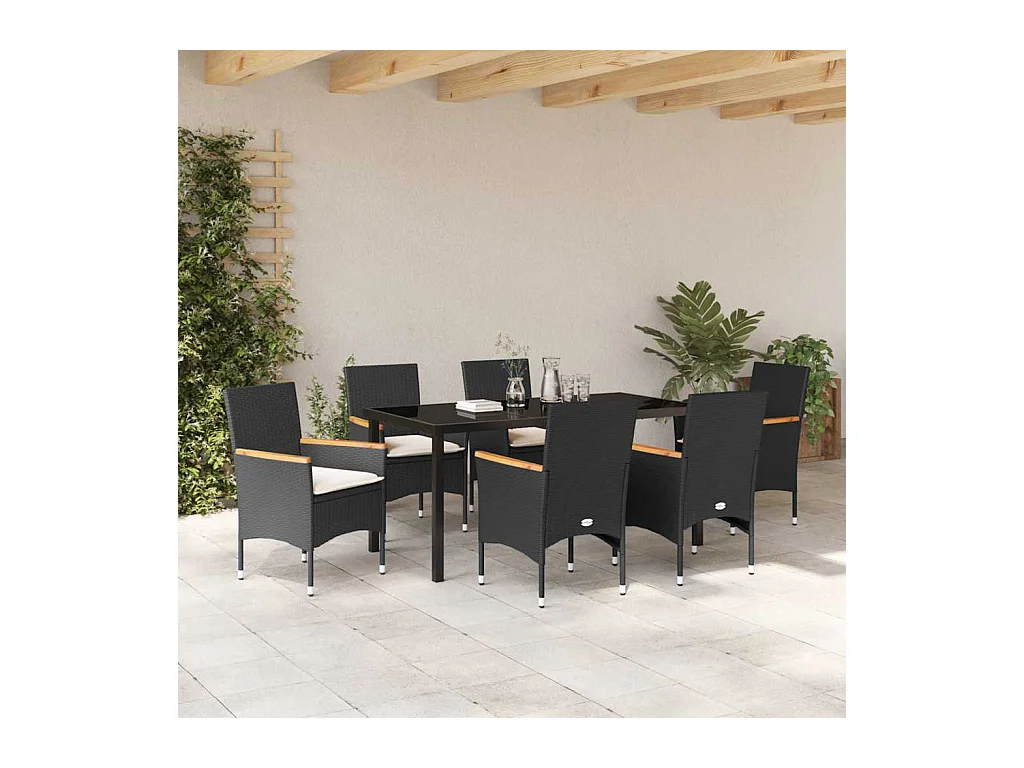 7-delige tuinset met zwarte polyrotan kussens