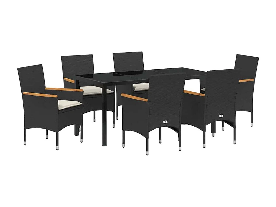 7-teiliges Garten-Essset mit schwarzen Polyrattan-Kissen