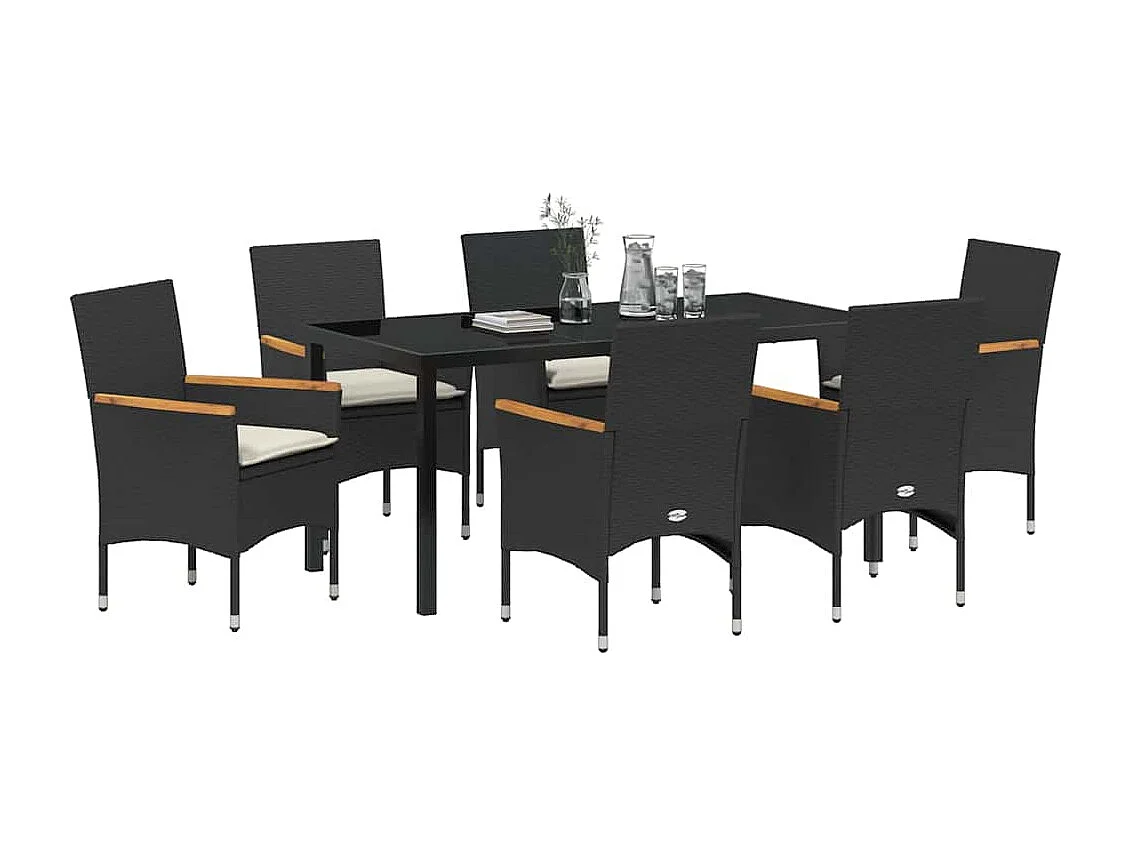 7-teiliges Garten-Essset mit schwarzen Polyrattan-Kissen