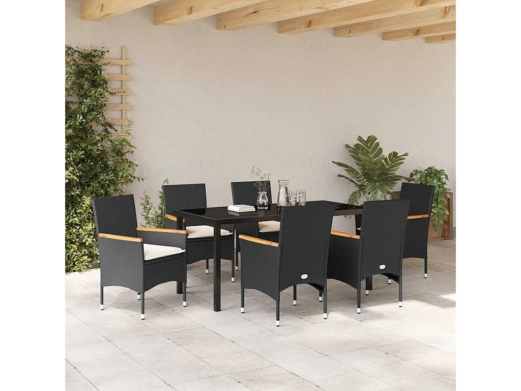 7-teiliges Garten-Essset mit schwarzen Polyrattan-Kissen