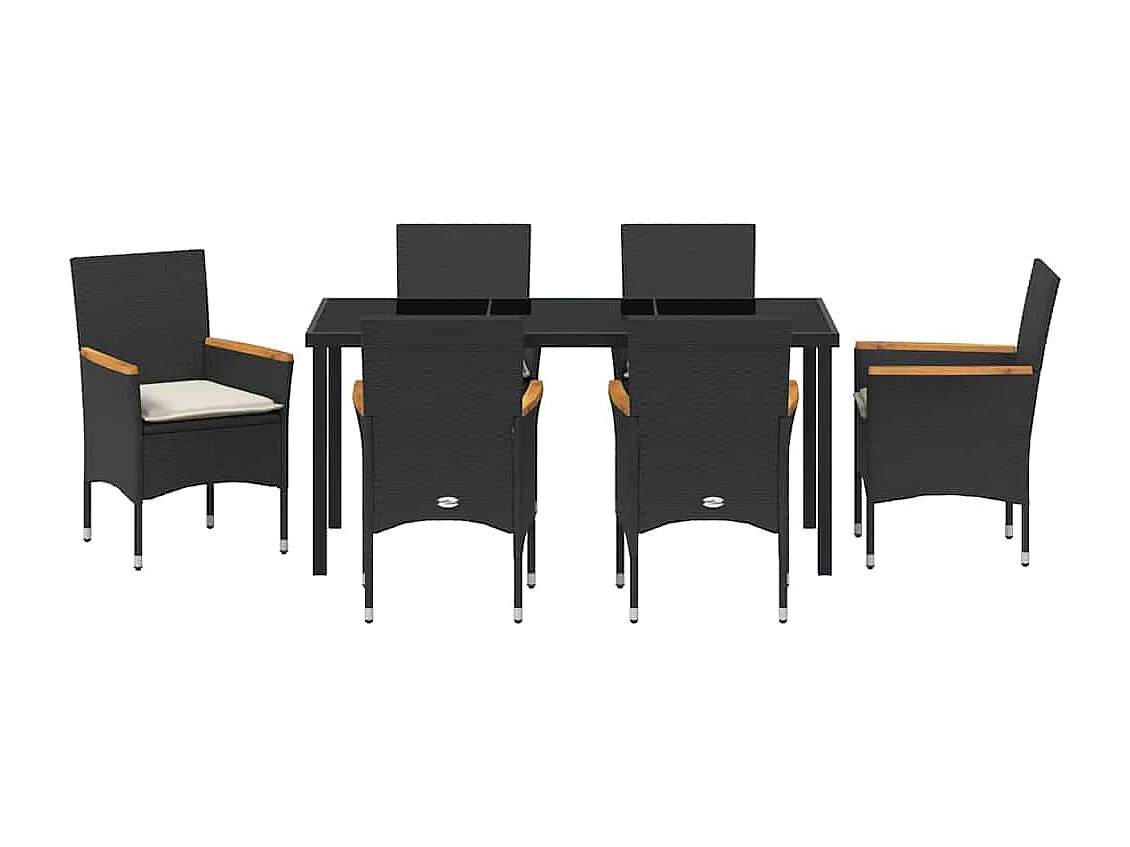7-teiliges Garten-Essset mit schwarzen Polyrattan-Kissen