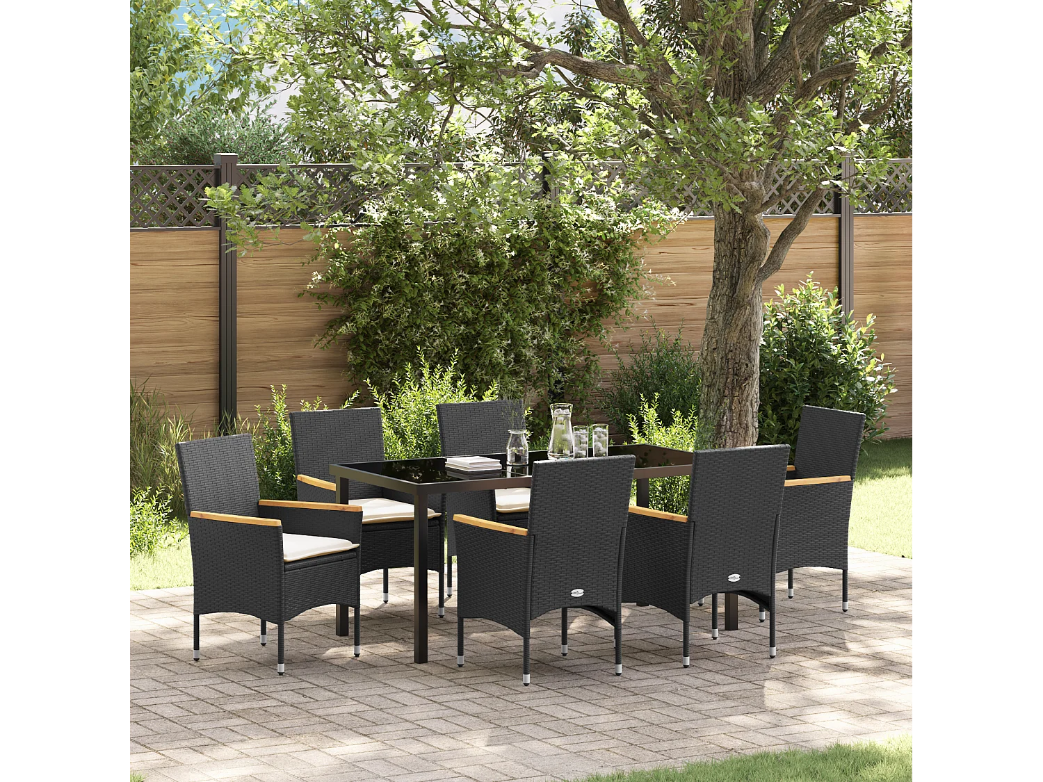 Ensemble de salle à manger de jardin 7 pièces avec coussins en poly rattan noir