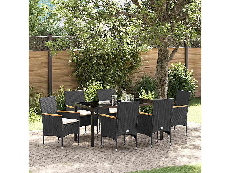 Set da pranzo da giardino da 7 pezzi con cuscini in polyrattan nero