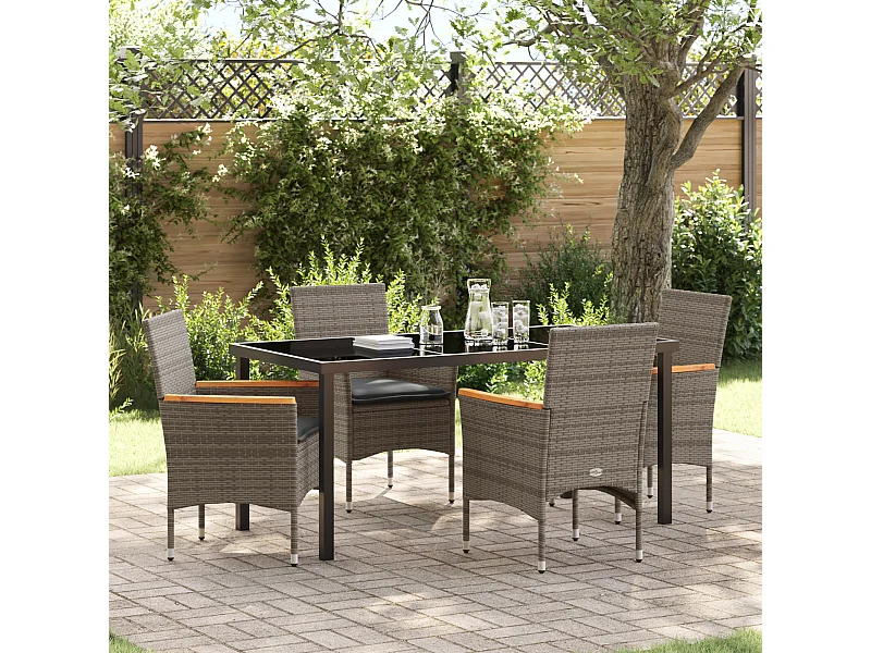 Set da pranzo da giardino 5 pezzi con cuscini in polyrattan grigio