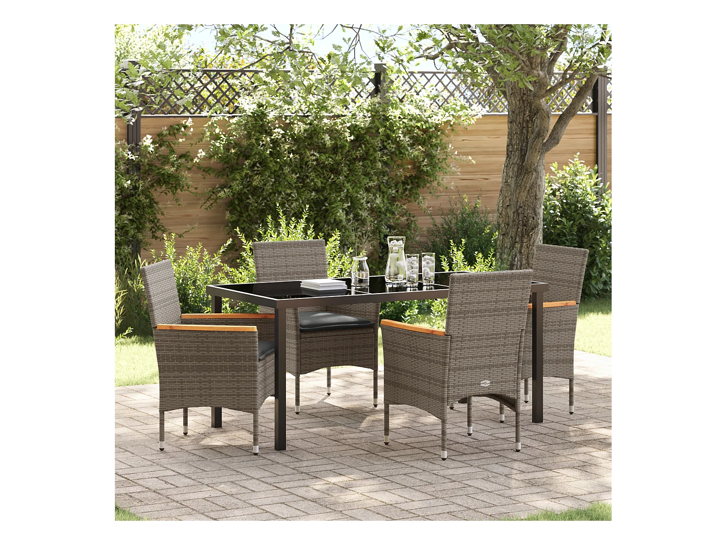 Set da pranzo da giardino 5 pezzi con cuscini in polyrattan grigio
