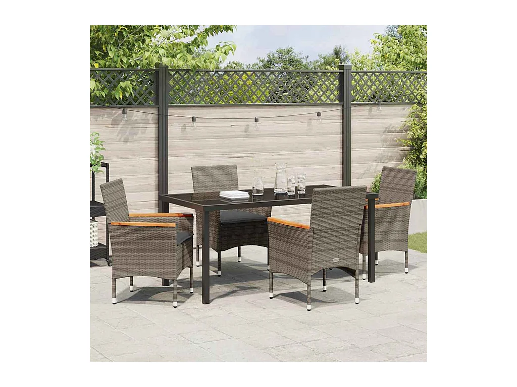 Set da pranzo da giardino 5 pezzi con cuscini in polyrattan grigio