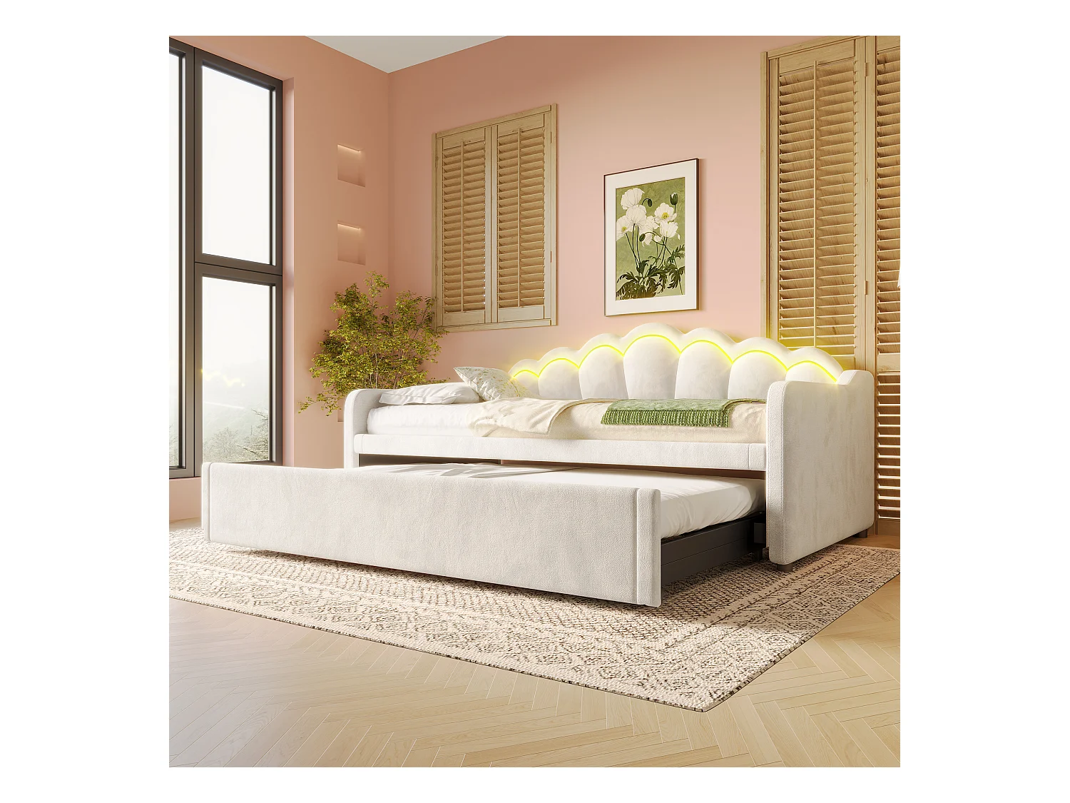 Lit avec canapé-lit et lit extensible, 90x200cm(180x200cm), en velours, avec bandes LED multicolores, beige (214x187x87 cm)