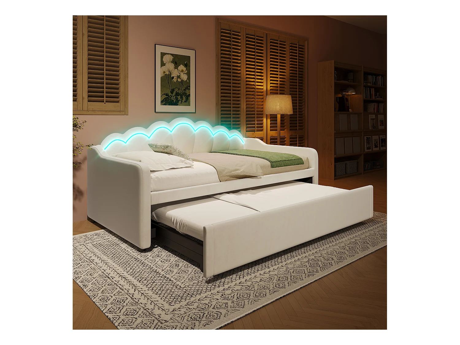 Bed met slaapbank en uitschuifbaar bed, 90x200cm (180x200cm), in fluweel, met veelkleurige ledstrips, beige (214x187x87 cm)