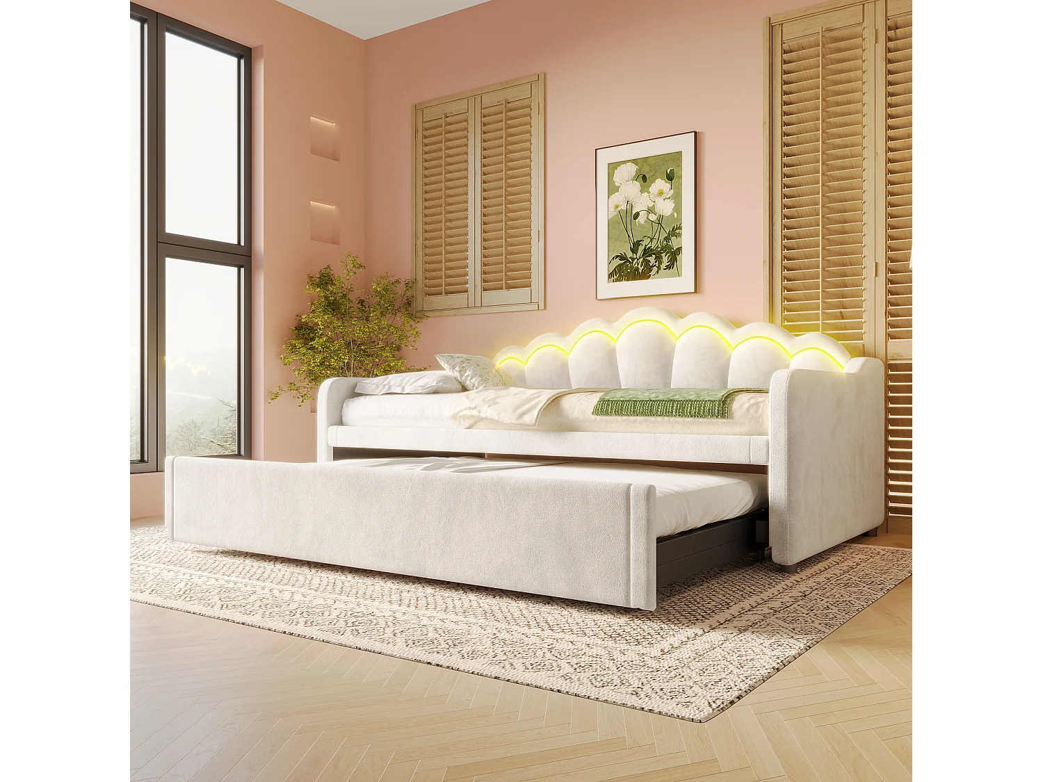 Lit avec canapé-lit et lit extensible, 90x200cm(180x200cm), en velours, avec bandes LED multicolores, beige (214x187x87 cm)