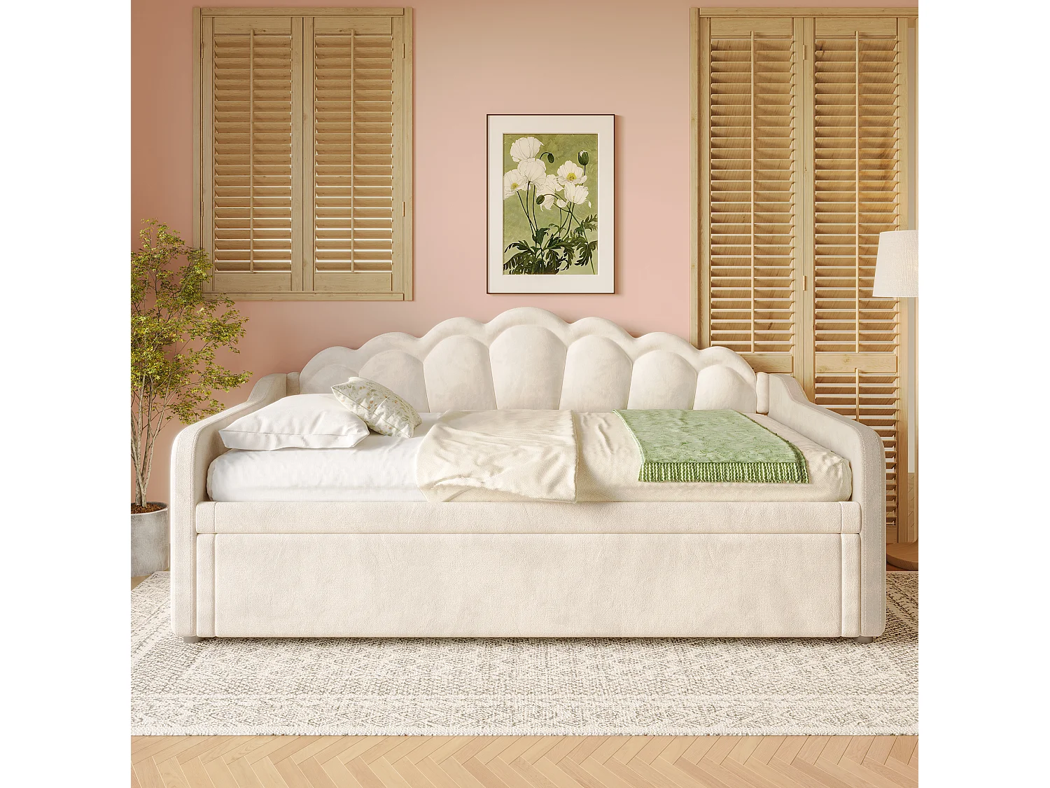 Lit avec canapé-lit et lit extensible, 90x200cm(180x200cm), en velours, avec bandes LED multicolores, beige (214x187x87 cm)