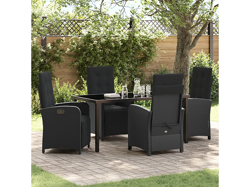 Set da pranzo da giardino 5 pezzi con cuscini in polyrattan nero