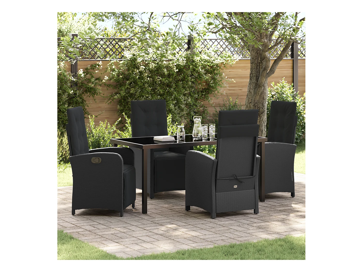 Set da pranzo da giardino 5 pezzi con cuscini in polyrattan nero