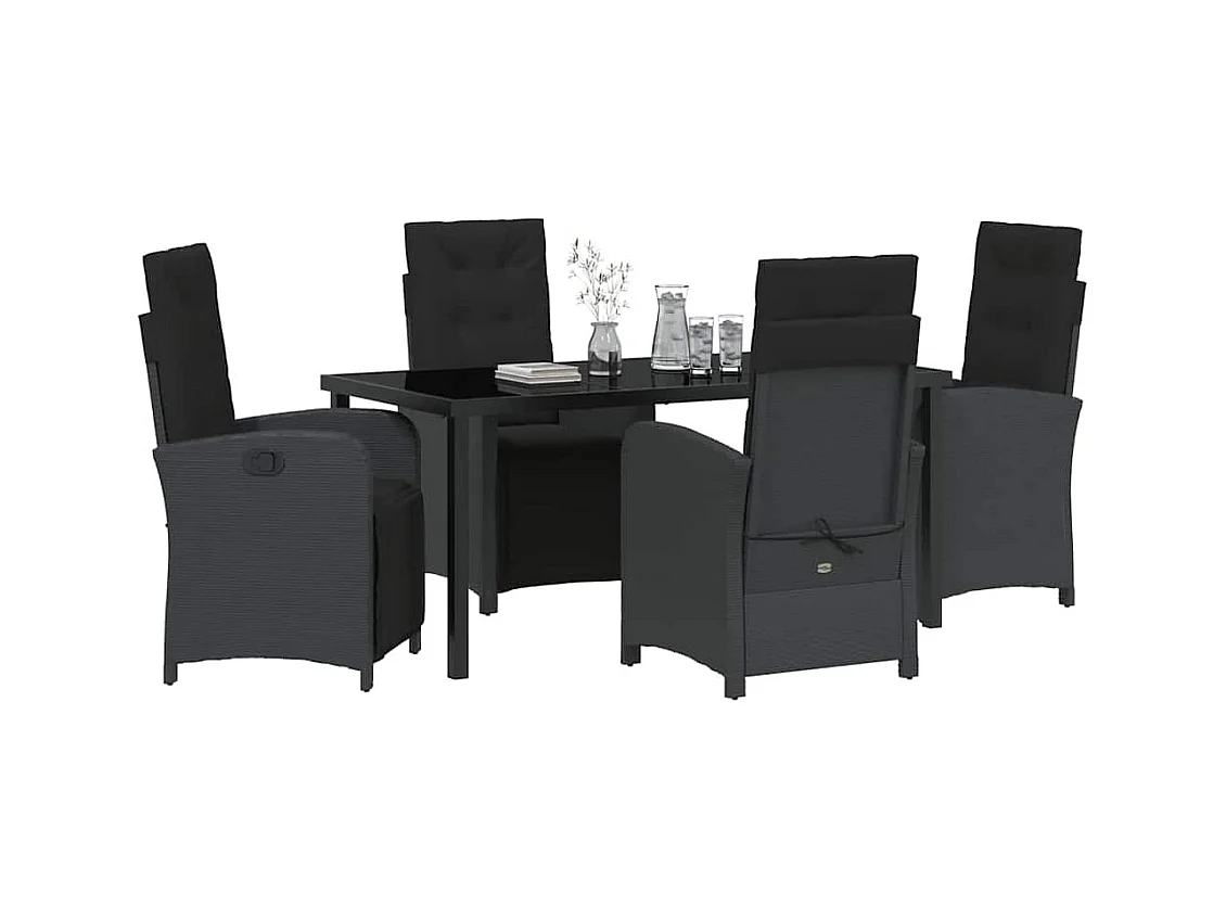 Set da pranzo da giardino 5 pezzi con cuscini in polyrattan nero