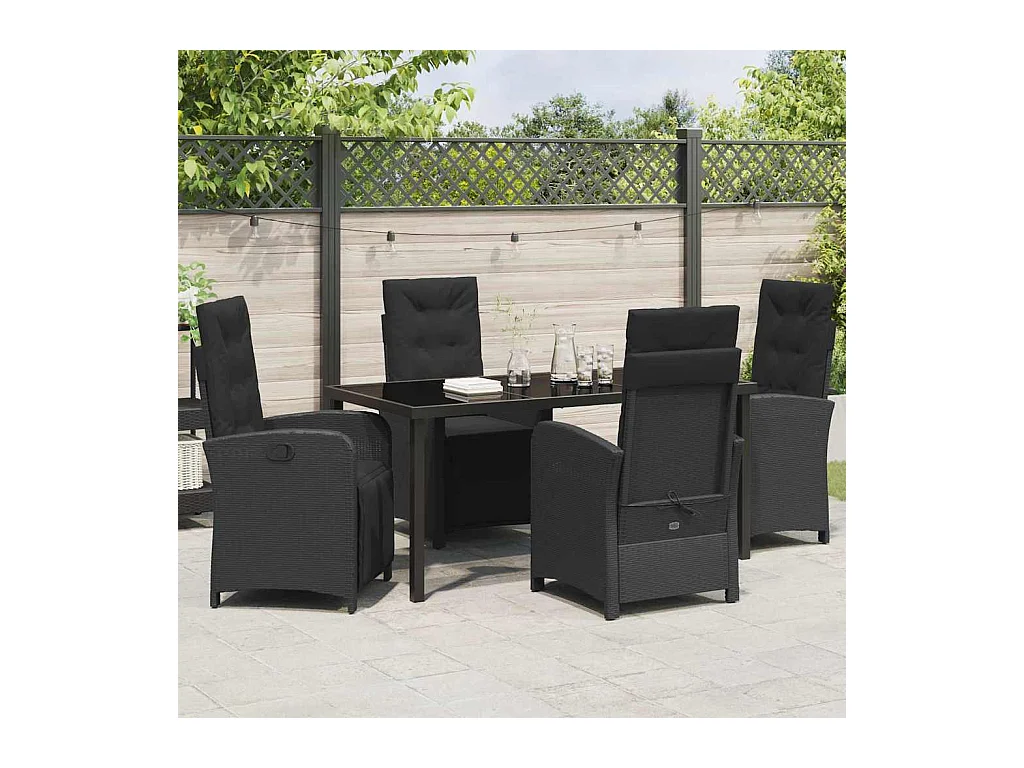 Set da pranzo da giardino 5 pezzi con cuscini in polyrattan nero