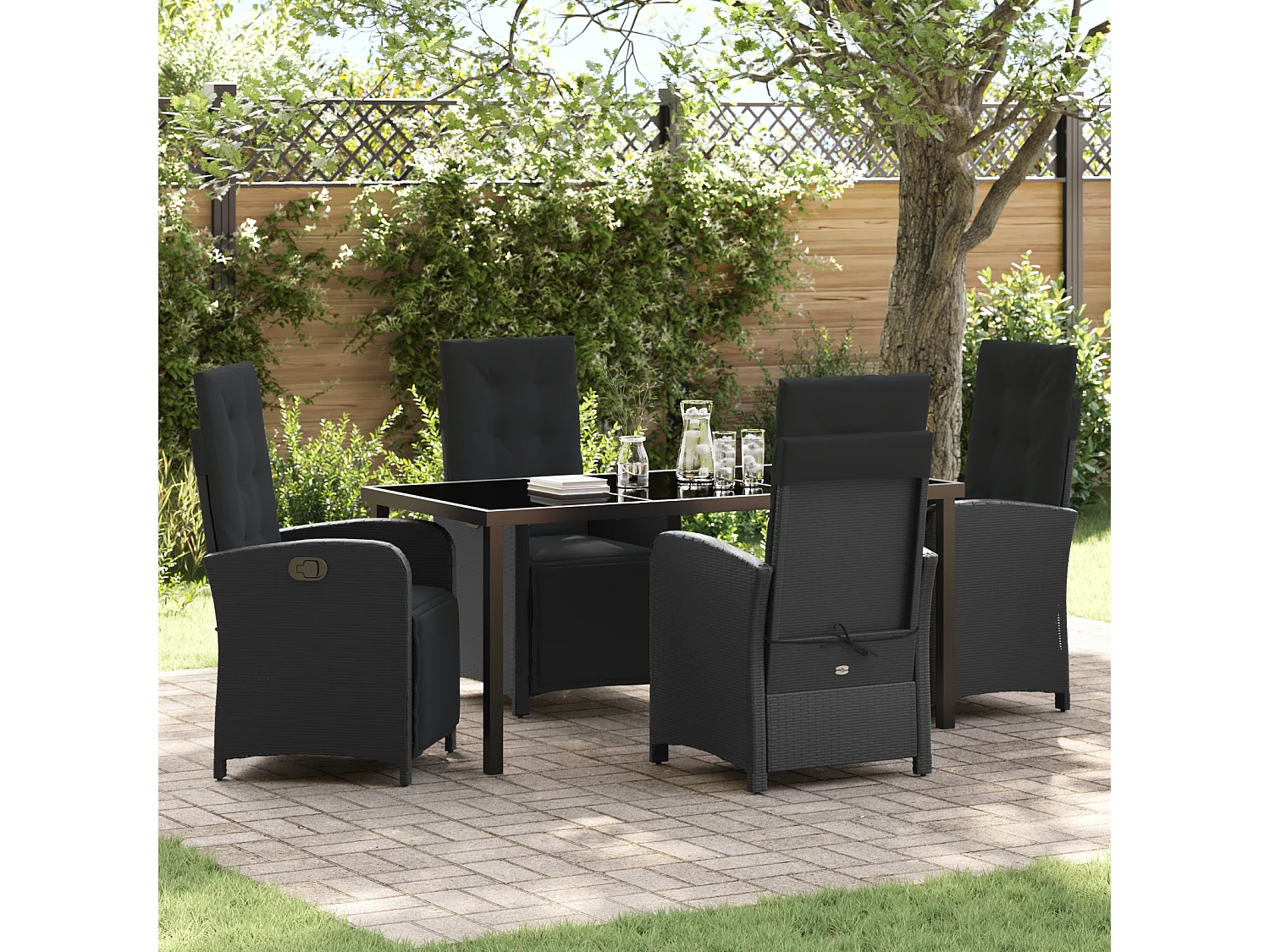 Set da pranzo da giardino 5 pezzi con cuscini in polyrattan nero