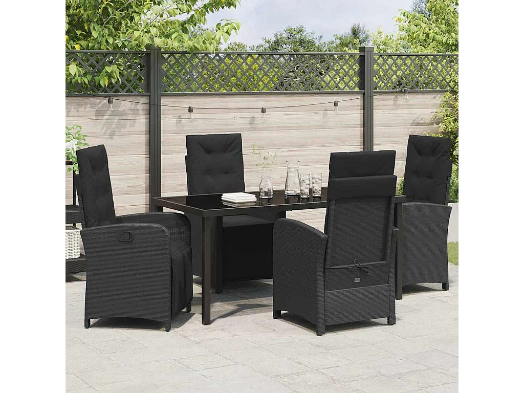 Set da pranzo da giardino 5 pezzi con cuscini in polyrattan nero