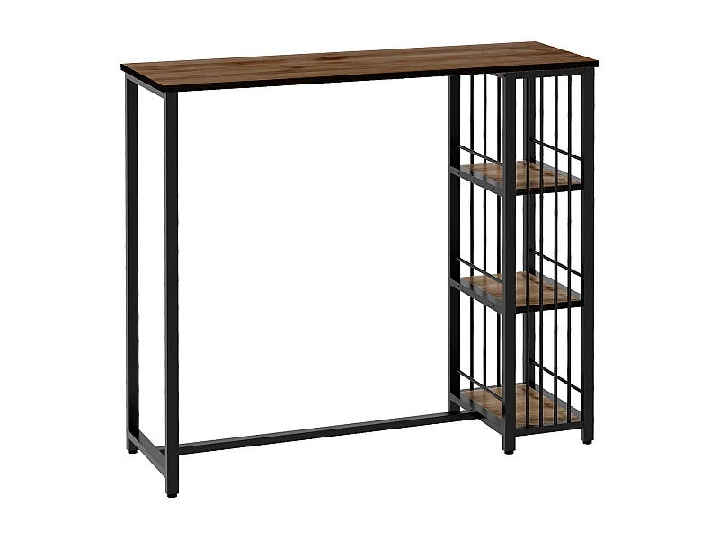 Table de bar avec 3 étagères, plateau effet bois, structure acier brun (120x40x105cm)