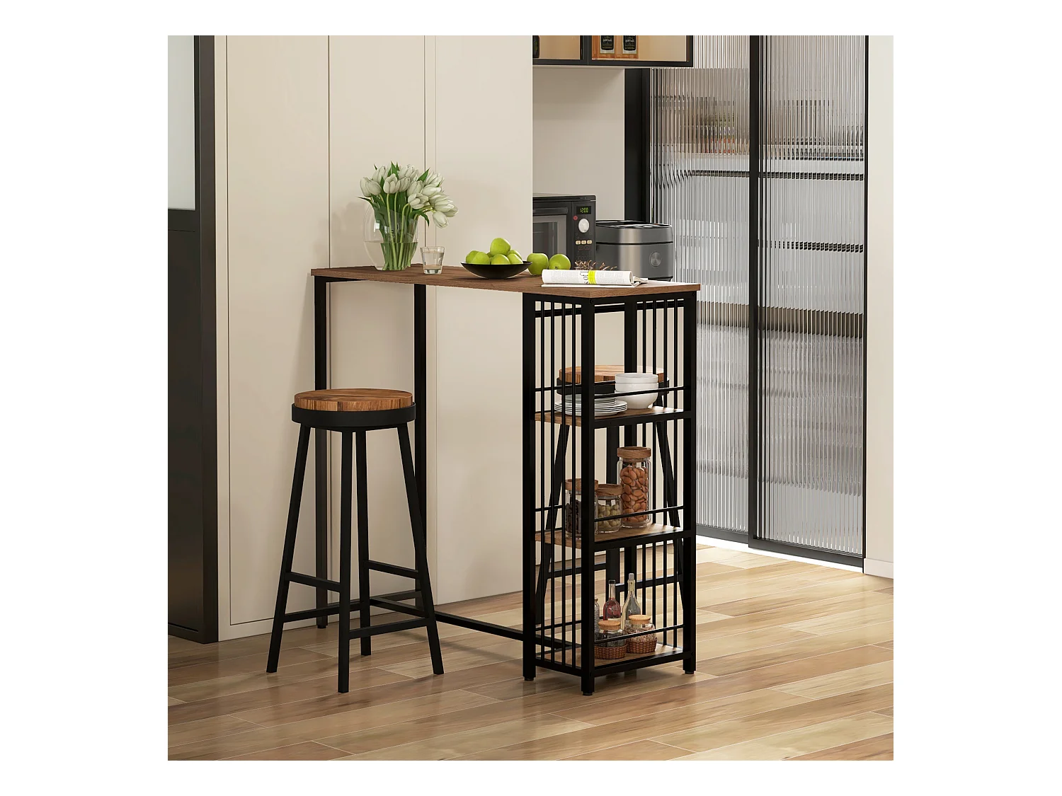 Table de bar avec 3 étagères, plateau effet bois, structure acier brun (120x40x105cm)