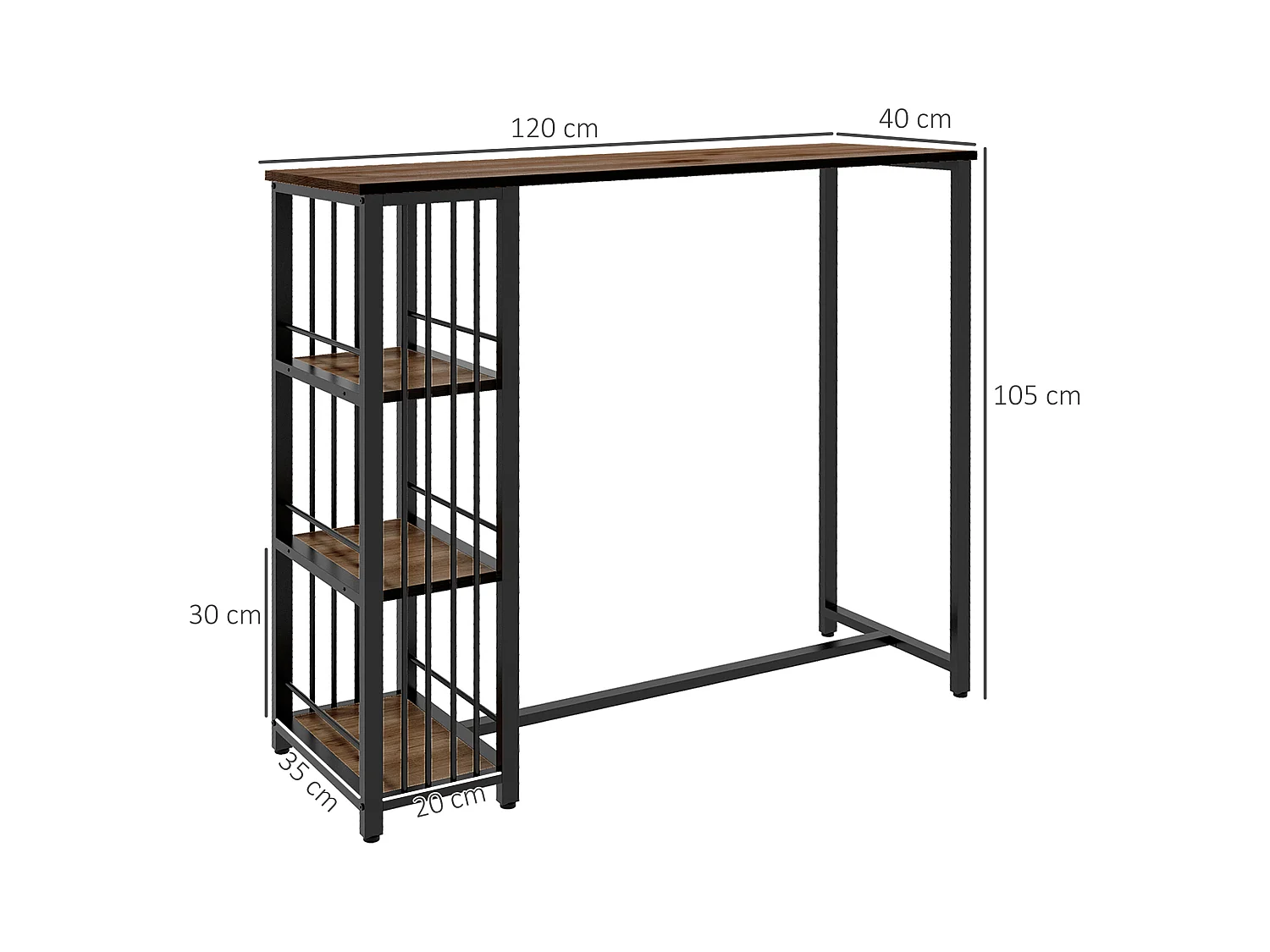 Table de bar avec 3 étagères, plateau effet bois, structure acier brun (120x40x105cm)