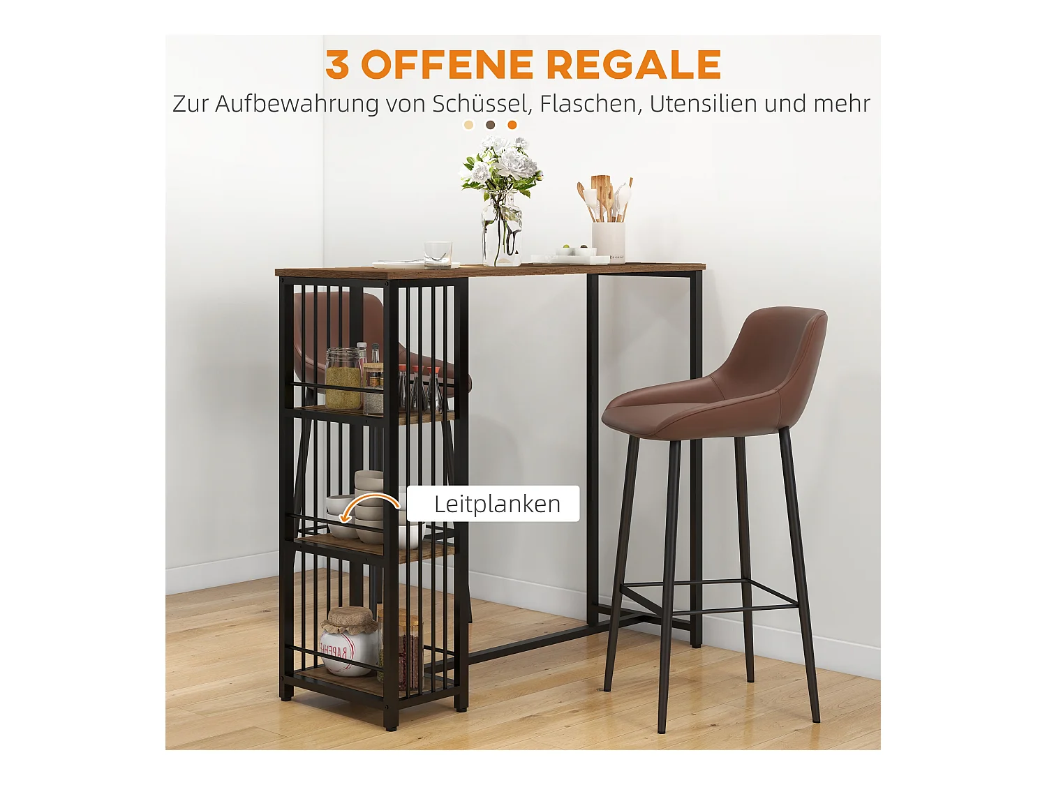 Table de bar avec 3 étagères, plateau effet bois, structure acier brun (120x40x105cm)