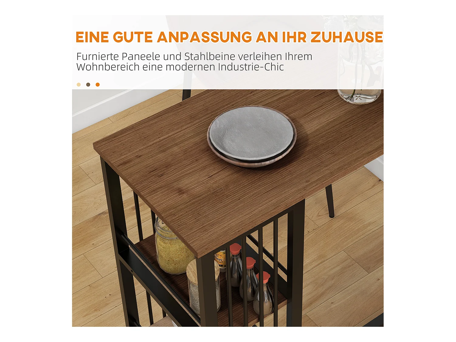 Table de bar avec 3 étagères, plateau effet bois, structure acier brun (120x40x105cm)