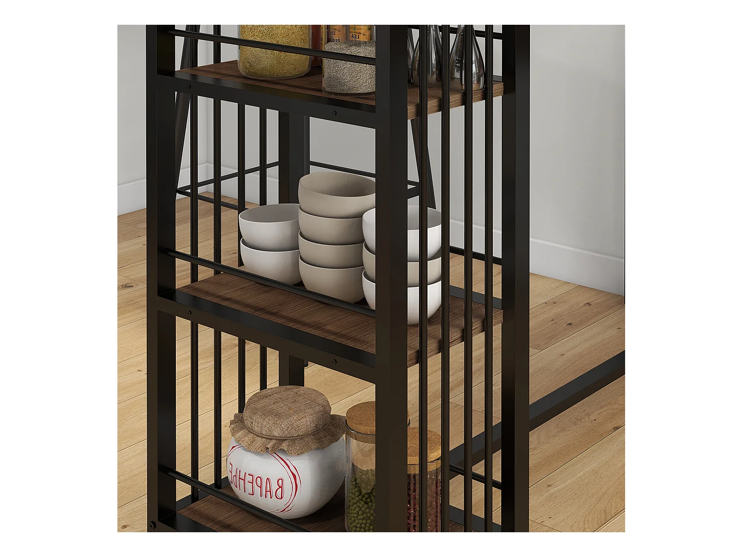 Table de bar avec 3 étagères, plateau effet bois, structure acier brun (120x40x105cm)