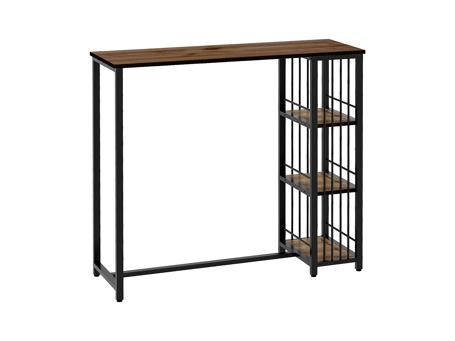 Tavolo da bar con 3 ripiani, piano effetto legno, struttura in acciaio marrone (120x40x105cm)