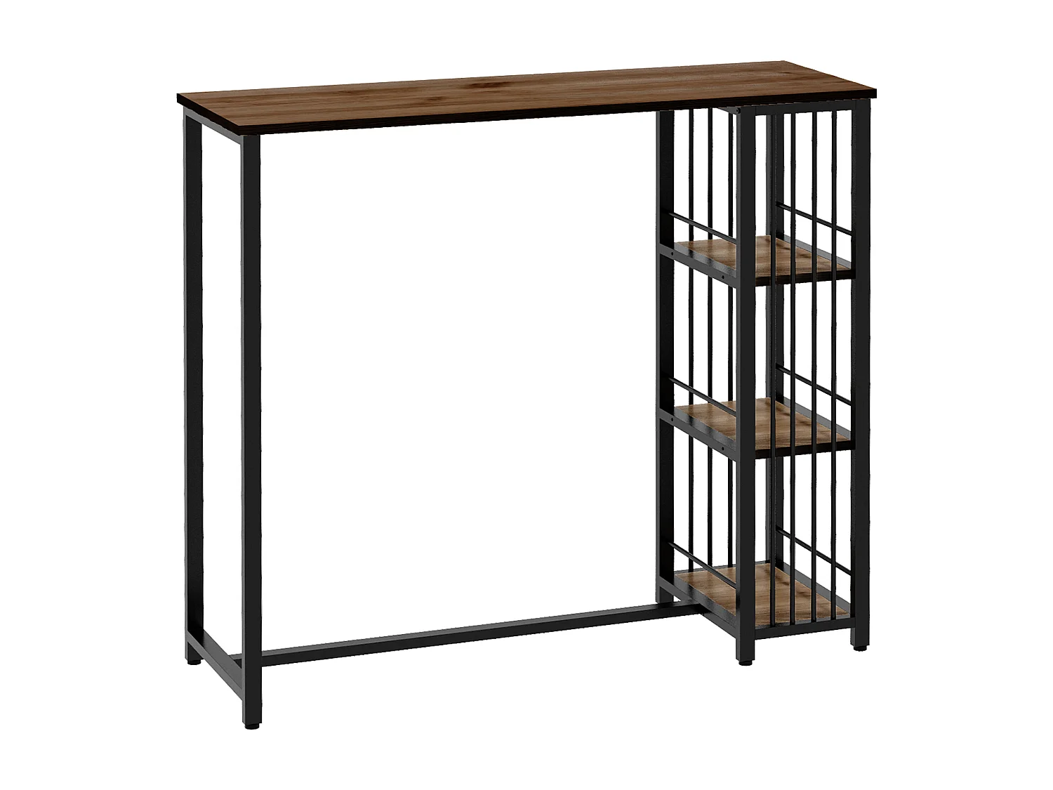 Table de bar avec 3 étagères, plateau effet bois, structure acier brun (120x40x105cm)