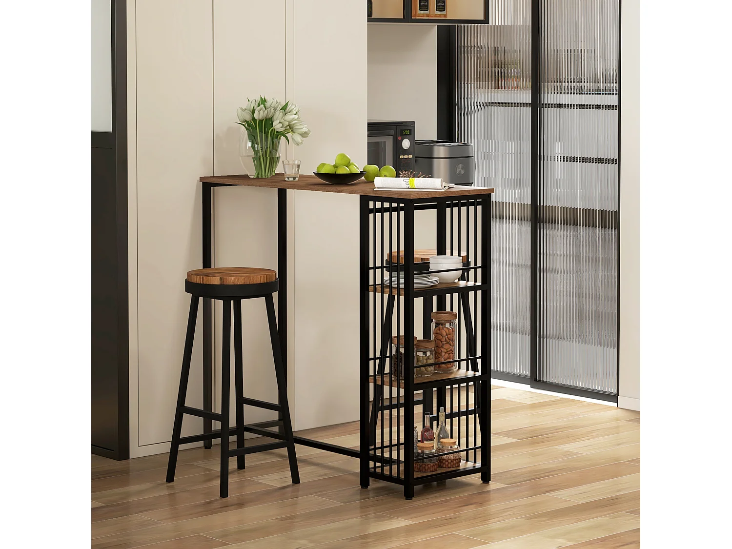 Table de bar avec 3 étagères, plateau effet bois, structure acier brun (120x40x105cm)